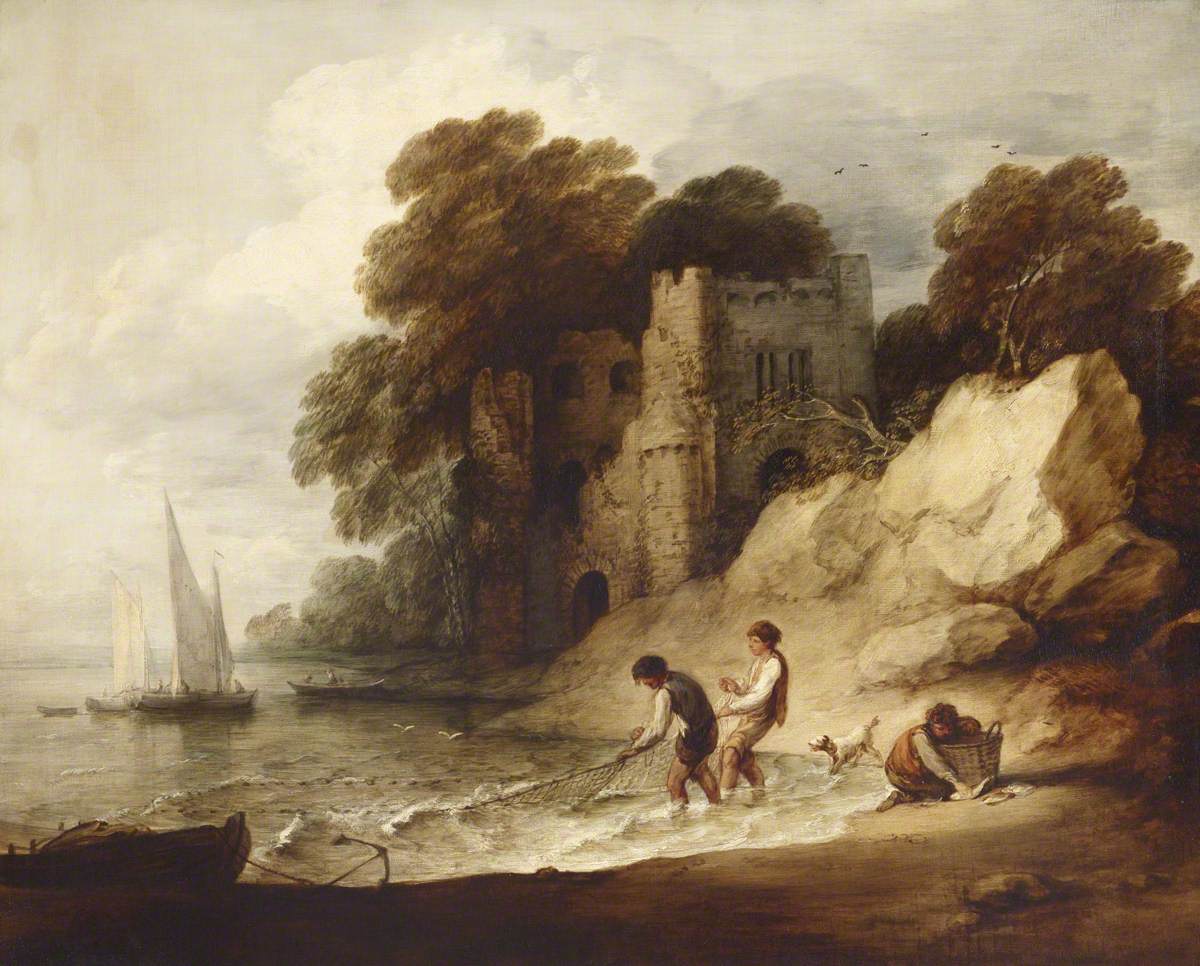 Thomas Gainsborough, Rocky Coastal Scene with Ruined Castle, Boats and Fishermen