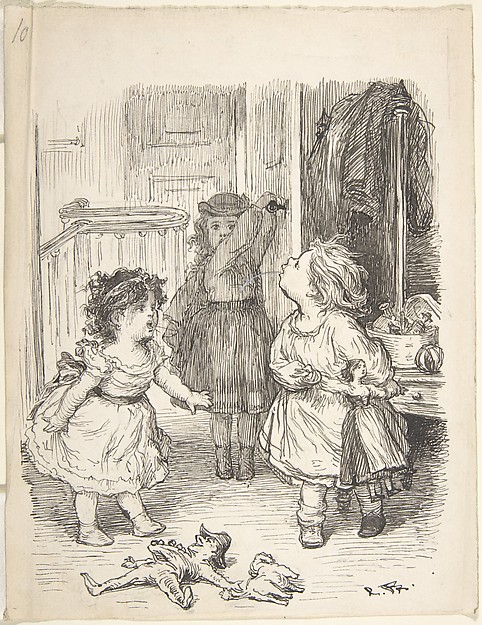 Lorenz Frølich, Three Little Girls in a Room Arguing and Spitting