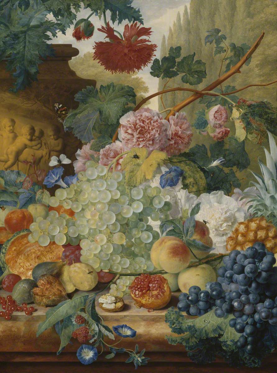 Jan van Huysum, A Still Life of Flowers and Fruit, upon a Ledge, in a Park Setting