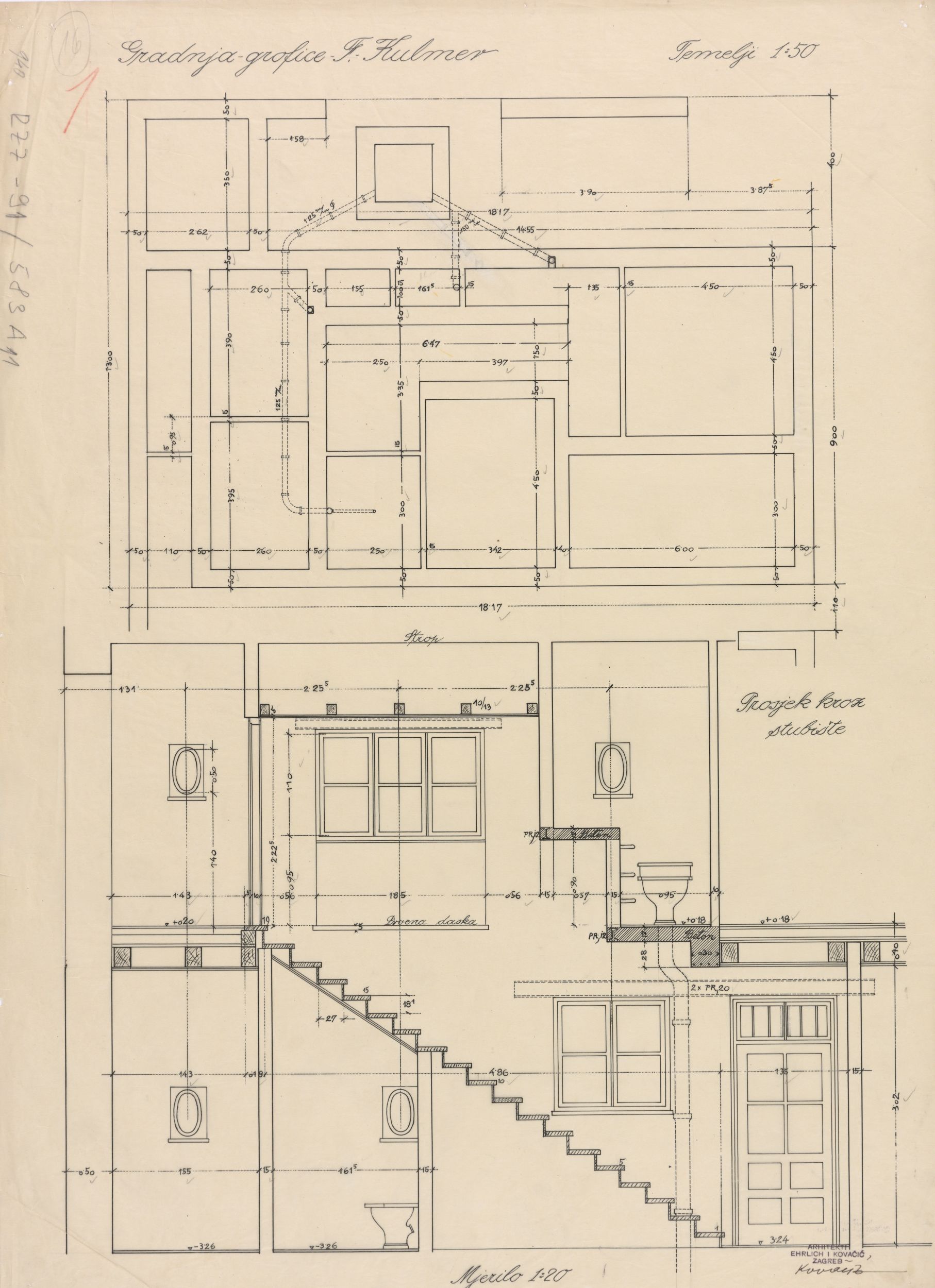 Viktor Kovačić, Novi Vinodolski, Projekt ljetnikovca Kulmer, tlocrt podrum, presjek kroz stubište