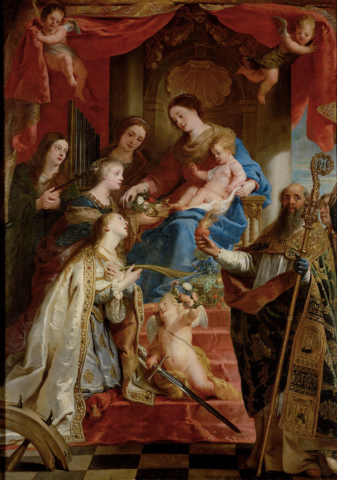 Gaspar de Crayer, Virgin with child and saints Maria Magdalen, Cecilia, Dorothea, Catharina and Augustine