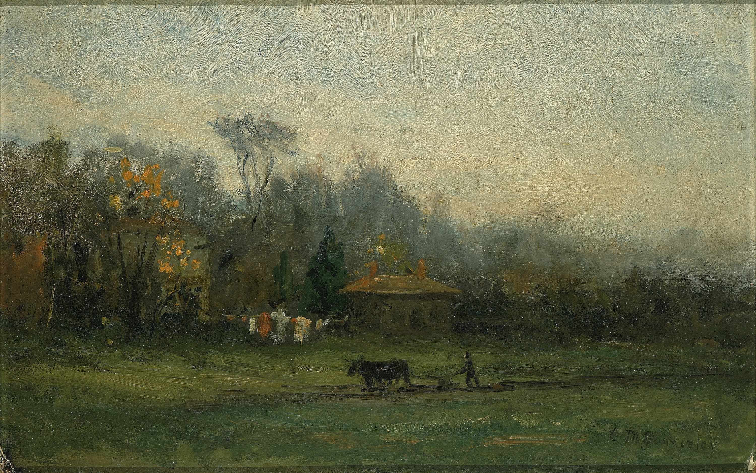 Edward Mitchell Bannister, Untitled (landscape with man plowing fields)
