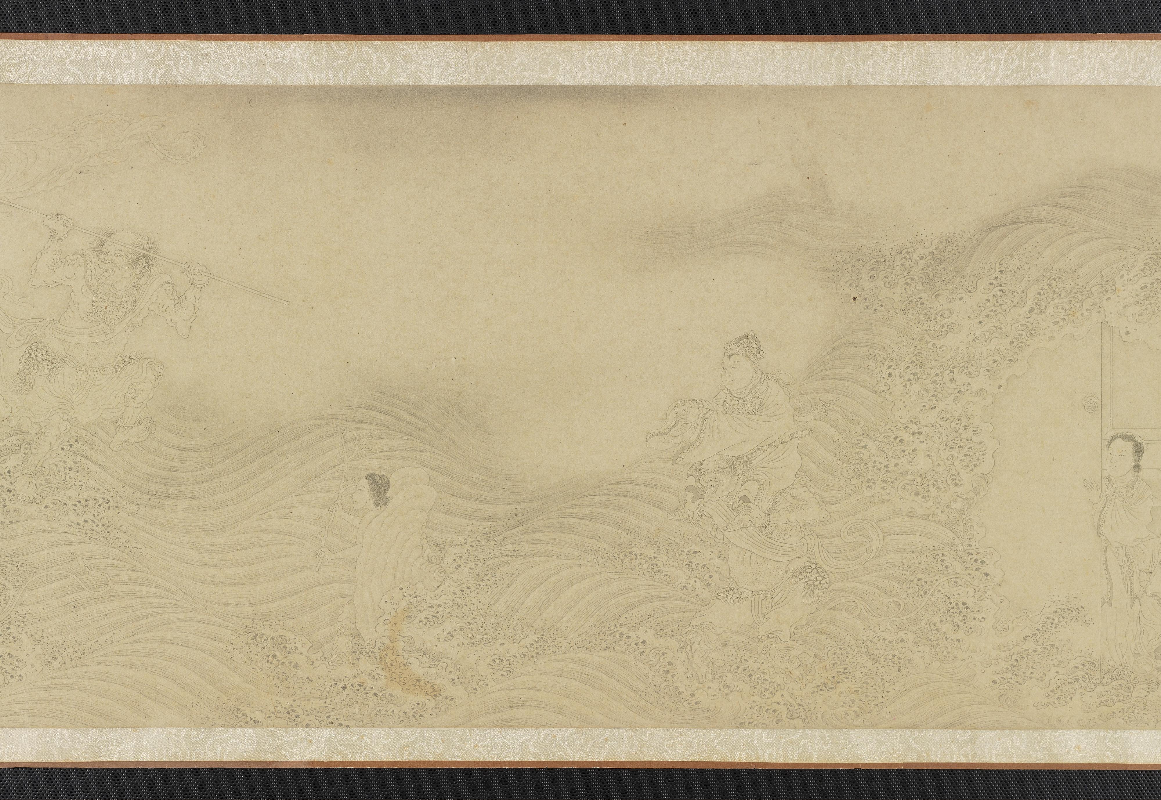 Formerly attributed to Qiu Ying, Luohans crossing land and sea