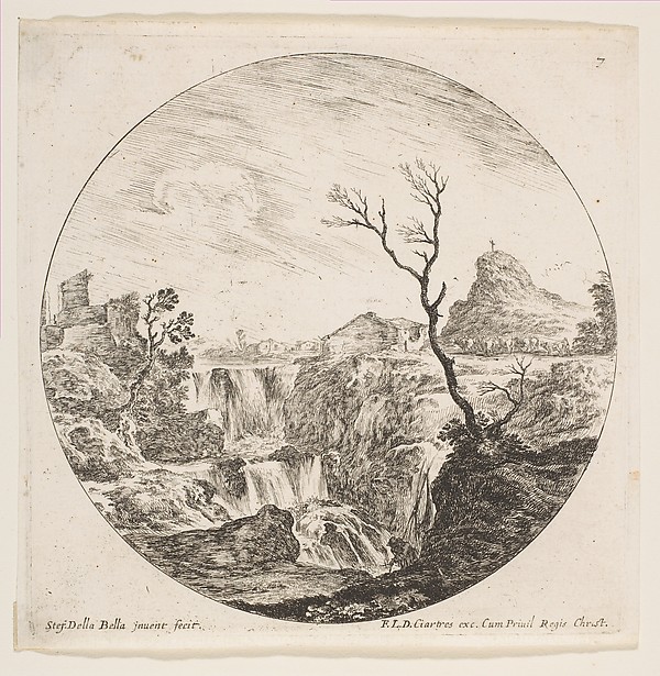 Stefano della Bella, A triple waterfall, a dead tree at right, a mountain and a herd of cows in the background at right, plate 7 from "Roman landscapes and ruins" (Paysages et ruines de Rome)