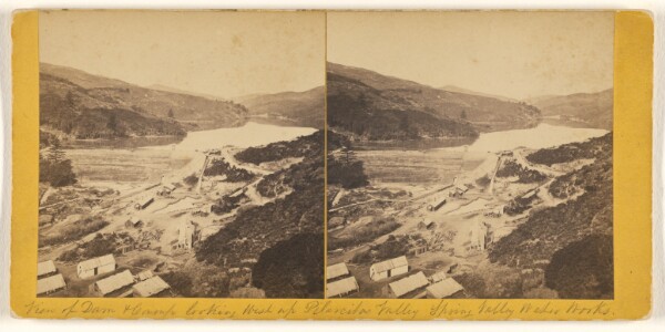 Carleton Watkins, [View of Dam & Camp looking West up Pilarcitos Spring Valley Water Works, California]