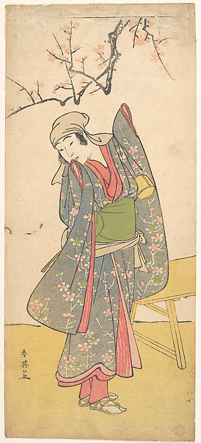Katsukawa Shun'ei 勝川春英, The Fourth Iwai Hanshiro as a Young Girl Standing by a Wooden Bench
