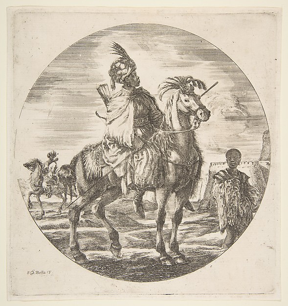 Stefano della Bella, Moorish horseman in profile facing right, a black slave holding a fur at right, another horseman to left in the background, from 'Figures on Horseback' (Cavaliers nègres, polonais et hongrois)