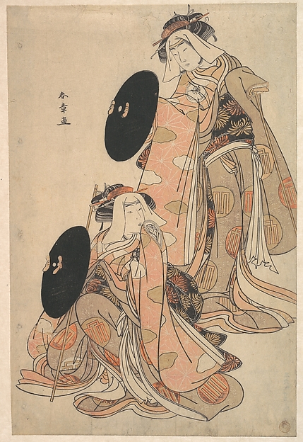 Katsukawa Shunshō　勝川春章, The Actors IV Iwai Hanshiro and I Bando Mitsugoro as Women Pilgrime in a shosa (Acting and Dancing) Performance