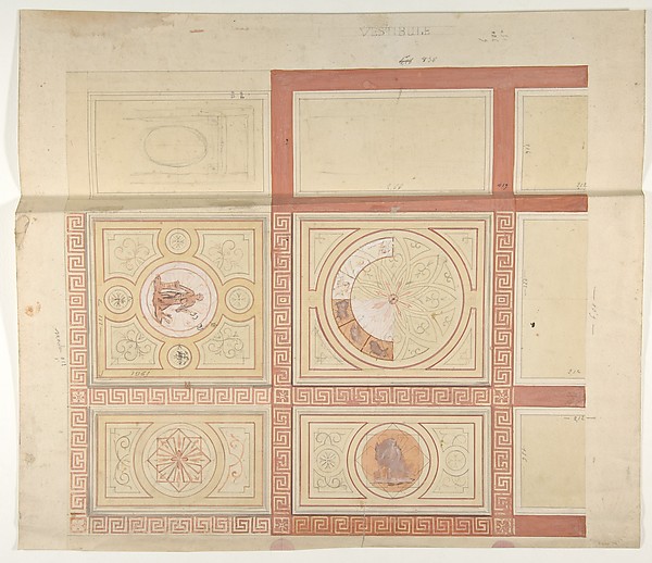 Jules-Edmond-Charles Lachaise, Design for the decoration of the ceiling of a vestibule in painted panels with roman key borders