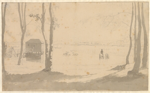C.W. Eckersberg, Udsigt over en sø, til venstre et badehus, i midten ryttere der vander heste, forgrunden er træbevokset