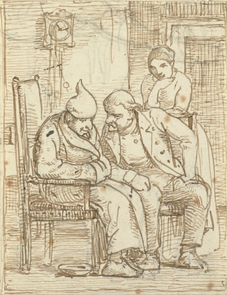 Wilhelm Marstrand, To mænd i samtale, den gamle t.v. med nathue. Desuden en kvinde
