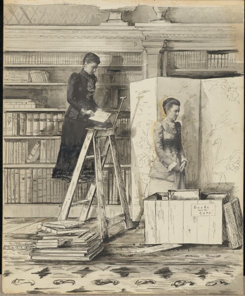 Unknown, [Two women in a bookshop or library]