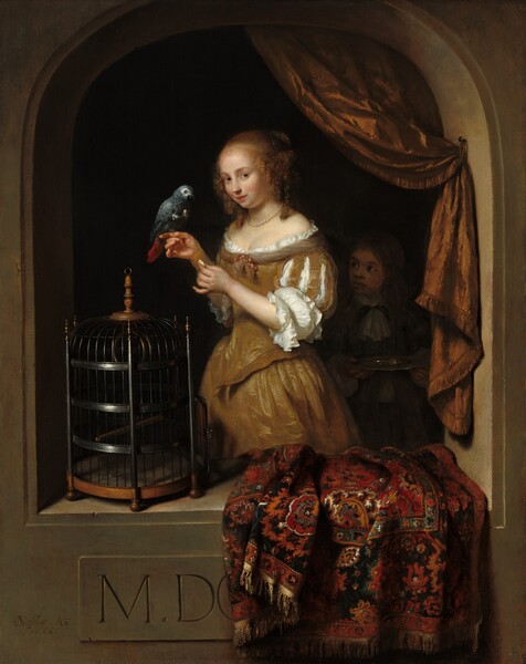 Caspar Netscher, A Woman Feeding a Parrot, with a Page