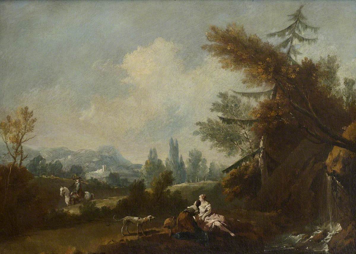 Giuseppe Zais, Hilly Landscape with two Country Women and a Dog by a Small Waterfall and a Rider on a Road