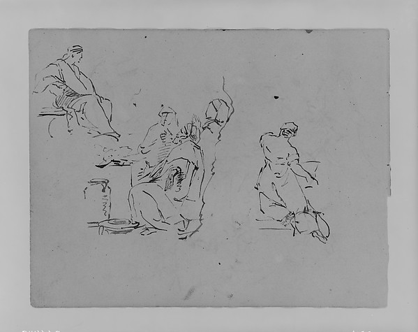Thomas Sully, Seated Figure, Three Men in Group, Kneeling Woman from Rear, Kneeling Woman from Rear (from Sketchbook)