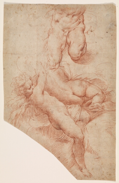 Giulio Cesare Procaccini, En engel eller putto, en liggende rygvendt kvinde og underkroppen af en muskuløs mand