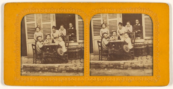 Unknown, [Three children playing at being grown-up; women watching]