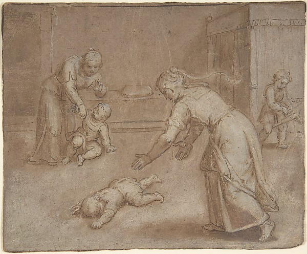 Otto van Veen, Two women and three children in an interior