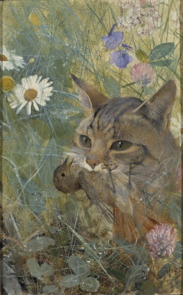 Bruno Liljefors, Katt med fågelunge i mun. En av fem djurstudier i samma ram, NM 2223-2227