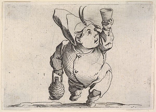 Jacques Callot, Small male figure in feathered cap with upraised hand holding a cup and other hand grasping a handled vessel, in frontal view, from "Varie Figure Gobbi"
