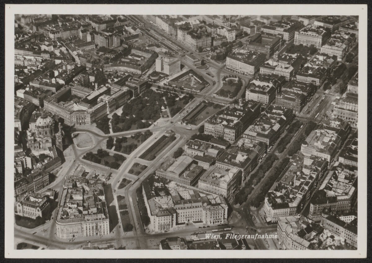 Anonym, Luftaufnahme vom Karlsplatz und Umgebung in Wien (Karlsplatzregulierung, Wien I., Karlsplatz, 1907)