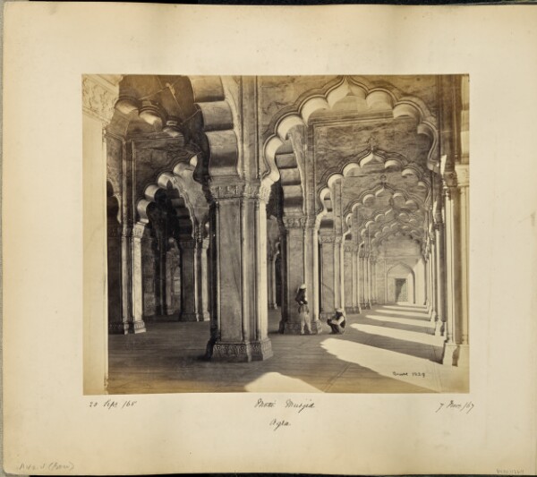 Samuel Bourne, Agra; Interior of the Motee Musjid, showing the marble Saracenic arches and pillars