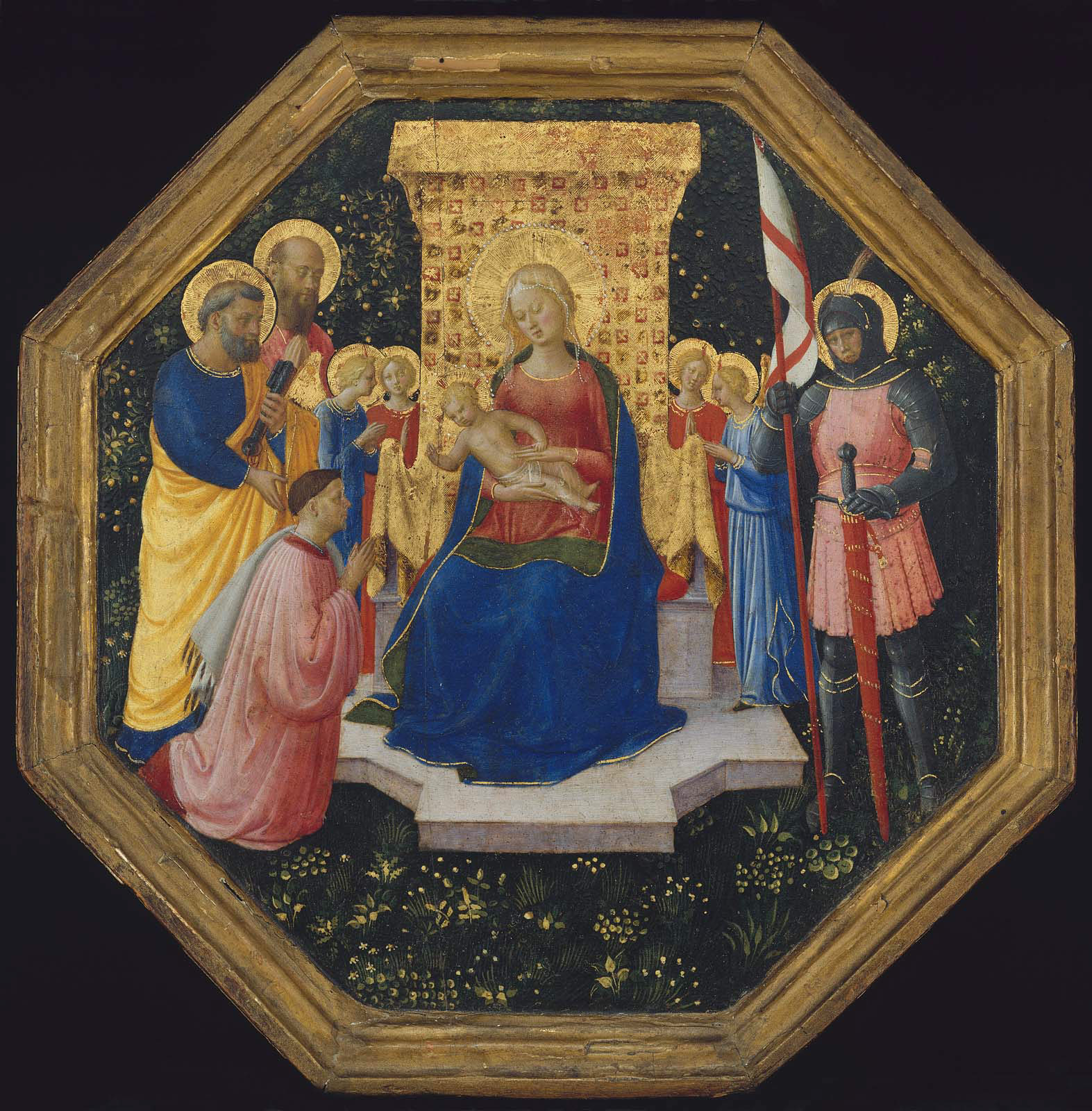 Fra Angelico, Virgin and Child Enthroned with Saints Peter, Paul and George (?), Four Angels, and a Donor