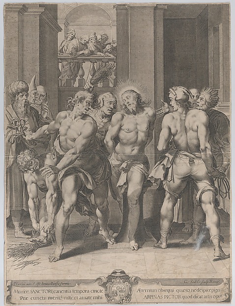 Aegidius Sadeler II, The Flagellation of Christ, with floggers on either side and figures watching from a balcony above in the background