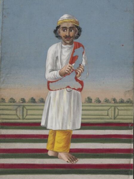 Unknown, A Box covered and lined with brocade containing a card painted with a face, and with a verandah covered with a striped rug; also twelve mica overlays depicting dancers and musicians.