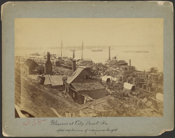A. J. Russell, Wharves at City Point, Va. after explosion of ordinance barges.