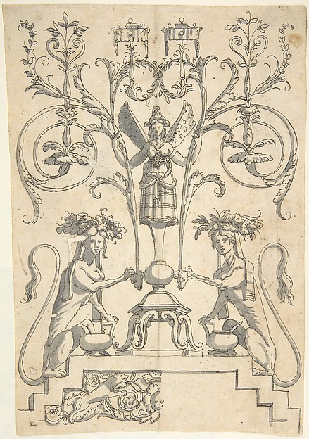Anonymous, Italian, 16th century, Candelabra Grotesque with a Winged Female Term on a Pedestal