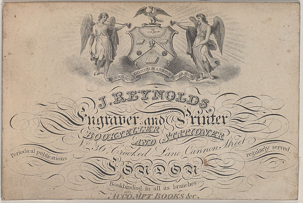 Anonymous, British, 19th century, Trade Card for J. Reynolds, Engraver, Printer, Bookseller, and Stationer