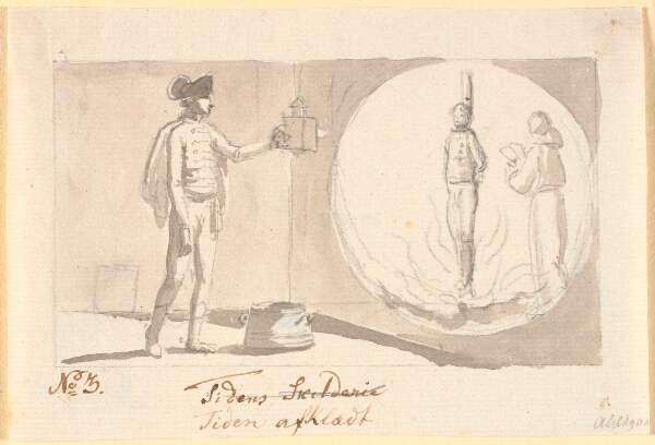 Nicolai Abildgaard, Tiden afklædt. En husarofficer med et laterna magica viser et billede af en synder på bålet og ved siden af en munk, der læser bønner