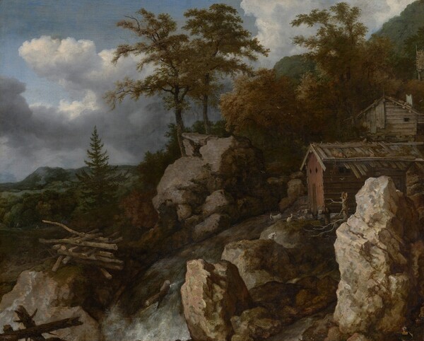 Allart van Everdingen, Waterfall with Log Cabins