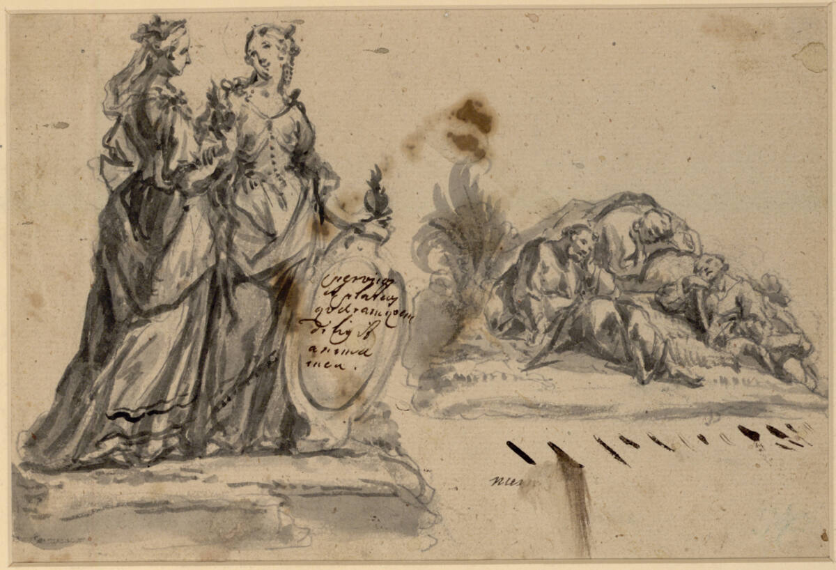 Anonym, Studienblatt mit allegorischer Figurengruppe zweier weiblicher Gestalten, deren eine ein Schild mit unleserlicher Tinteninschrift hält und rechts eine Ölberggruppe