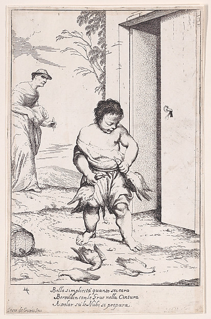 Giuseppe Maria Crespi, Plate 10: Bertoldino fastening geese to his belt, from "Bertoldo, Bertoldino, and Cacasenno"