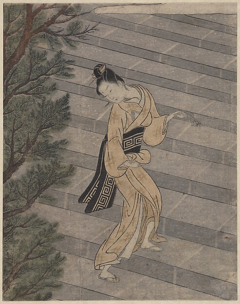 Suzuki Harunobu, Young Woman Climbing Stone Stairs to a Shinto Temple