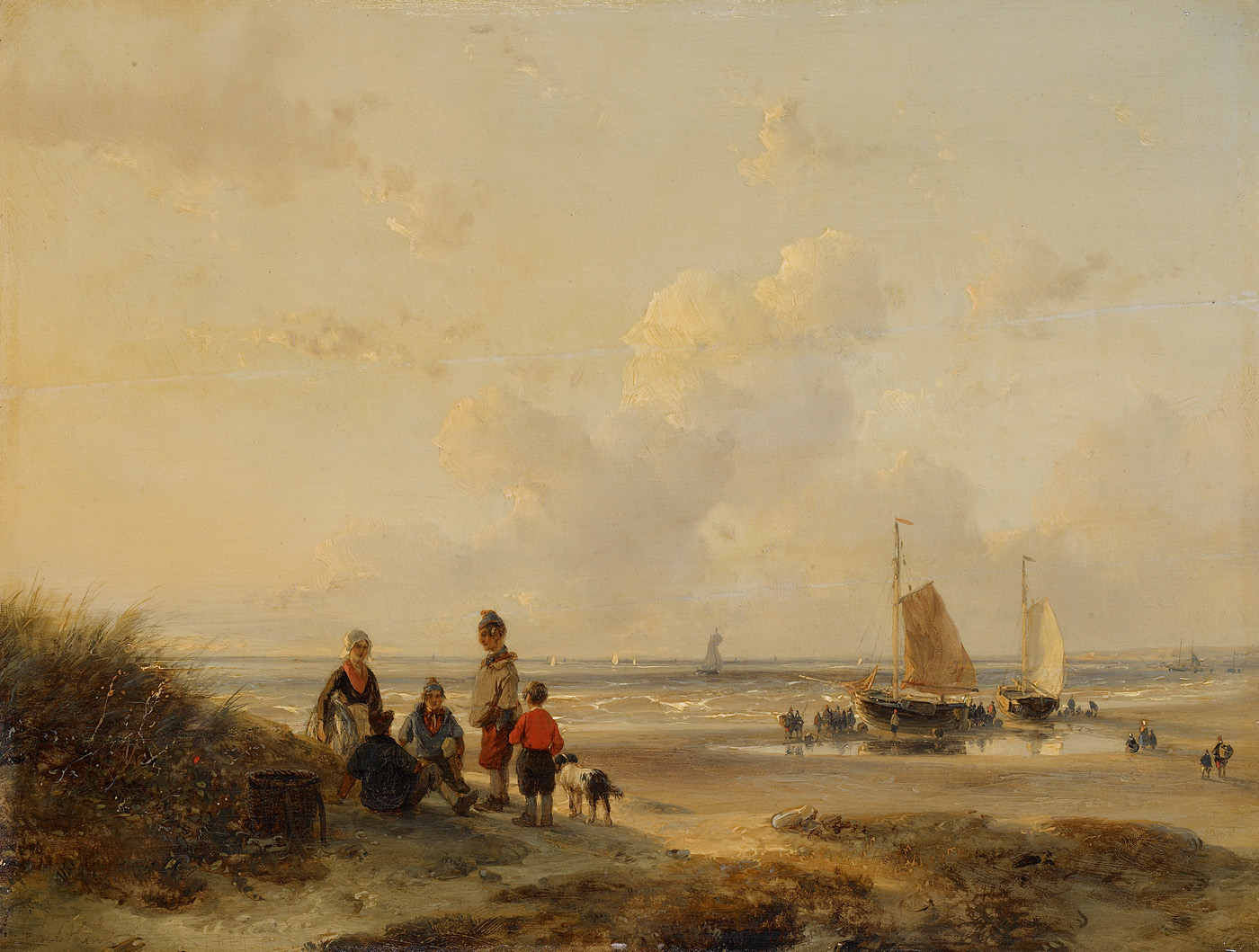 Andreas Schelfhout, Rustende vissers op een strand bij helder weer