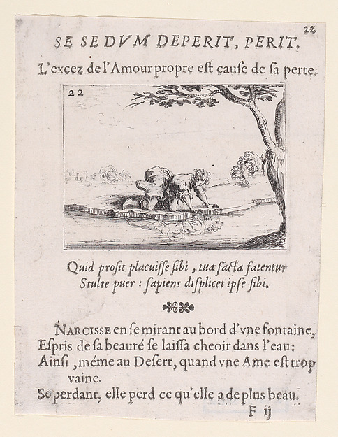 Jacques Callot, Narcisse se Mirant dans l'Eau (Narcissus Looking at Himself in the Water), plate 22 from "Lux Claustri ou La Lumière du Cloitre" (The Light of the Cloisters)
