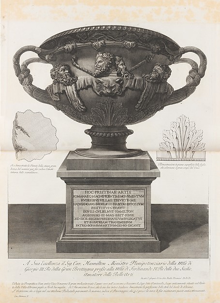 Giovanni Battista Piranesi, Large vase found at the Pantanello, Hadrian's Villa, Tivoli, in 1770 (The 'Warwick Vase'), from "Vasi, candelabri, cippi, sarcofagi, tripodi, lucerne, ed ornamenti antichi disegnati ed incisi dal Cav. Gio. Batt. Piranesi, Vol. I" (Vases, candelabra, grave stones, sarcophagi, tripods, lamps, and orn…