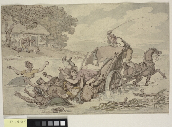 Thomas Rowlandson, En kærre med kvinder vælter midt i et vandløb