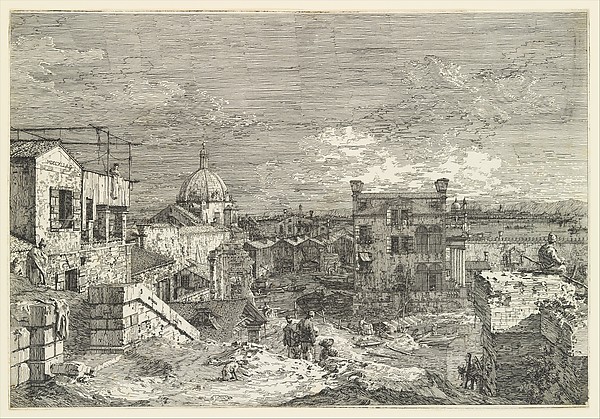 Canaletto (Giovanni Antonio Canal), Imaginary View of Venice, houses at left with figures on terraces, a domed church at center in the background, boats and boat-sheds below, and a seated man observing from a wall at right in the foreground, from "Views" (Vedute altre prese da i luoghi altre ideate da Antonio Canal)