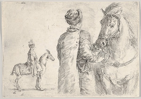 Stefano della Bella, A Polish valet, seen from behind, holding the bridle of a horse to right, a Polish horseman in profile to left in the background