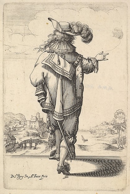 Abraham Bosse, A gentleman wearing a plumed hat and carrying a sword, seen from behind, his right arm outstrestched, a landscape in the background with houses and a tower, from "The Garden of the French Nobles In Which One Can Pick Up Their Way of Dressing"