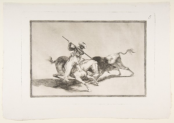 Goya (Francisco de Goya y Lucientes), Plate 5 from "La Tauromaquia": The spirited Moor Gazul is the first to spear bulls according to the rules
