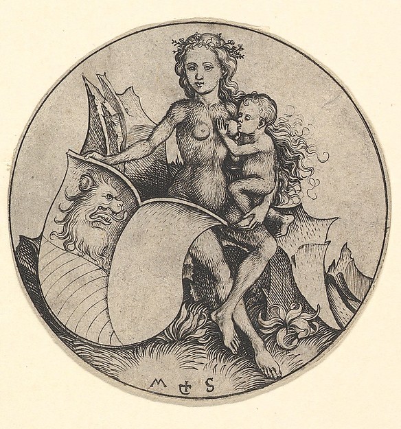 Martin Schongauer, Wild Woman Holding a Shield with a Lion's Head