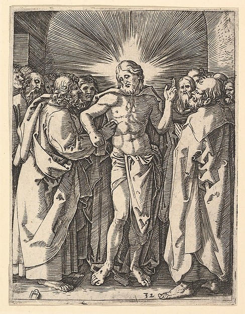 Marcantonio Raimondi, The Doubting Thomas; Christ among his disciples, Saint Thomas touching Christ's wound, from "The Passion of Christ", after Dürer