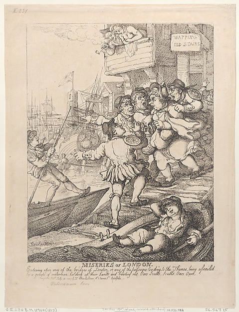 Thomas Rowlandson, Miseries of London: Entering upon any of the bridges of London or any of the passages leading to the Thames being assailed by a group of watermen holding up their hands and bawling out. Oars Sculls. Sculls. Oars. Oars.