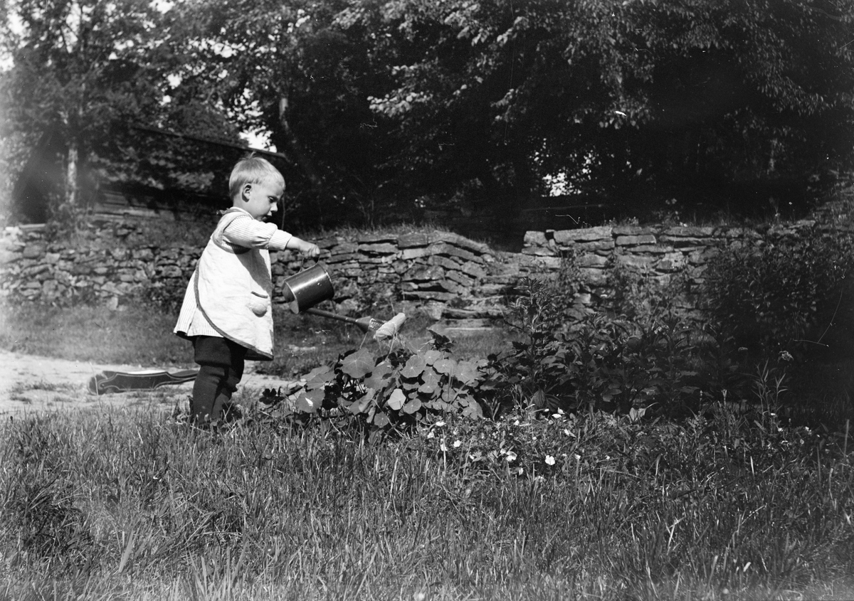 Okänd,, En av Christiane och Ruben Liljefors söner vattnar blommor i trädgård, sannolikt i Sverige