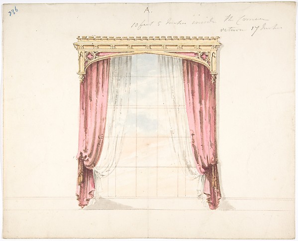 Anonymous, British, 19th century, Design for Red Curtains with a Gothic Style Gold Pediment